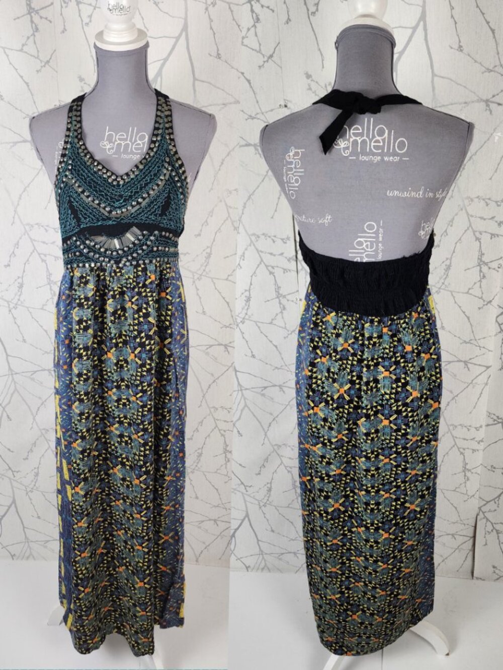 Angie Sequin Beaded Abstract Printed Smocked Halter Maxi Dress